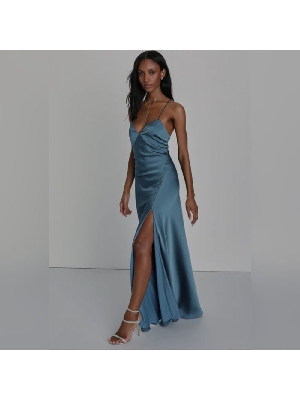 Lulus |  Extraordinary Allure Slate Blue Satin Backless Maxi Dress | Size S - Picture 3 of 7